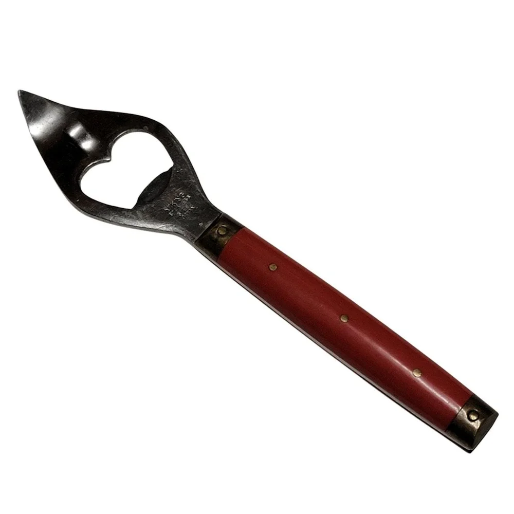 VTG 60s Bottle Opener Viking Red Brass Tone Handle‎ Stainless Steel MCM Barware